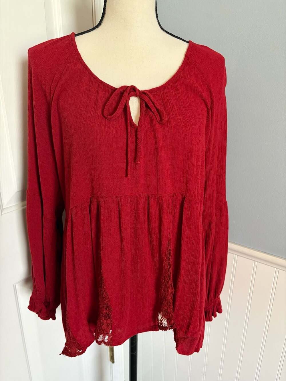 American Eagle Boho Red Lace Inset Tie-Neck Babydoll Blouse
